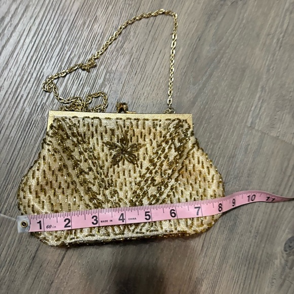Vtg Gold Beaded Small Cocktail Purse Evening Bag Flapper 20s Satin Lining - Picture 5 of 8